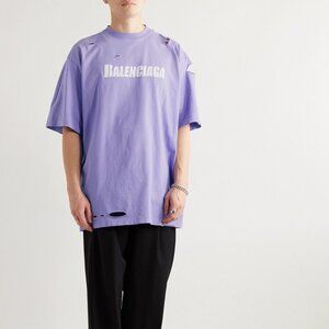 Balenciaga Oversized Distressed Logo-Print Cotton Jersey T-Shirt Purple XXS Boxy